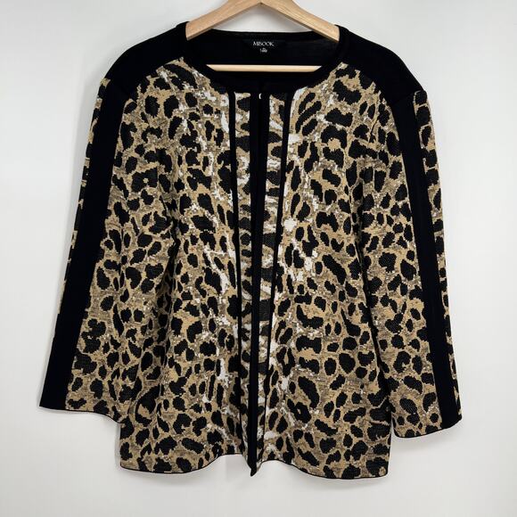 Vtg Misook Cardigan Sweater Petite Large Leopard Print Black Tan Shoulder Pads - Picture 1 of 9